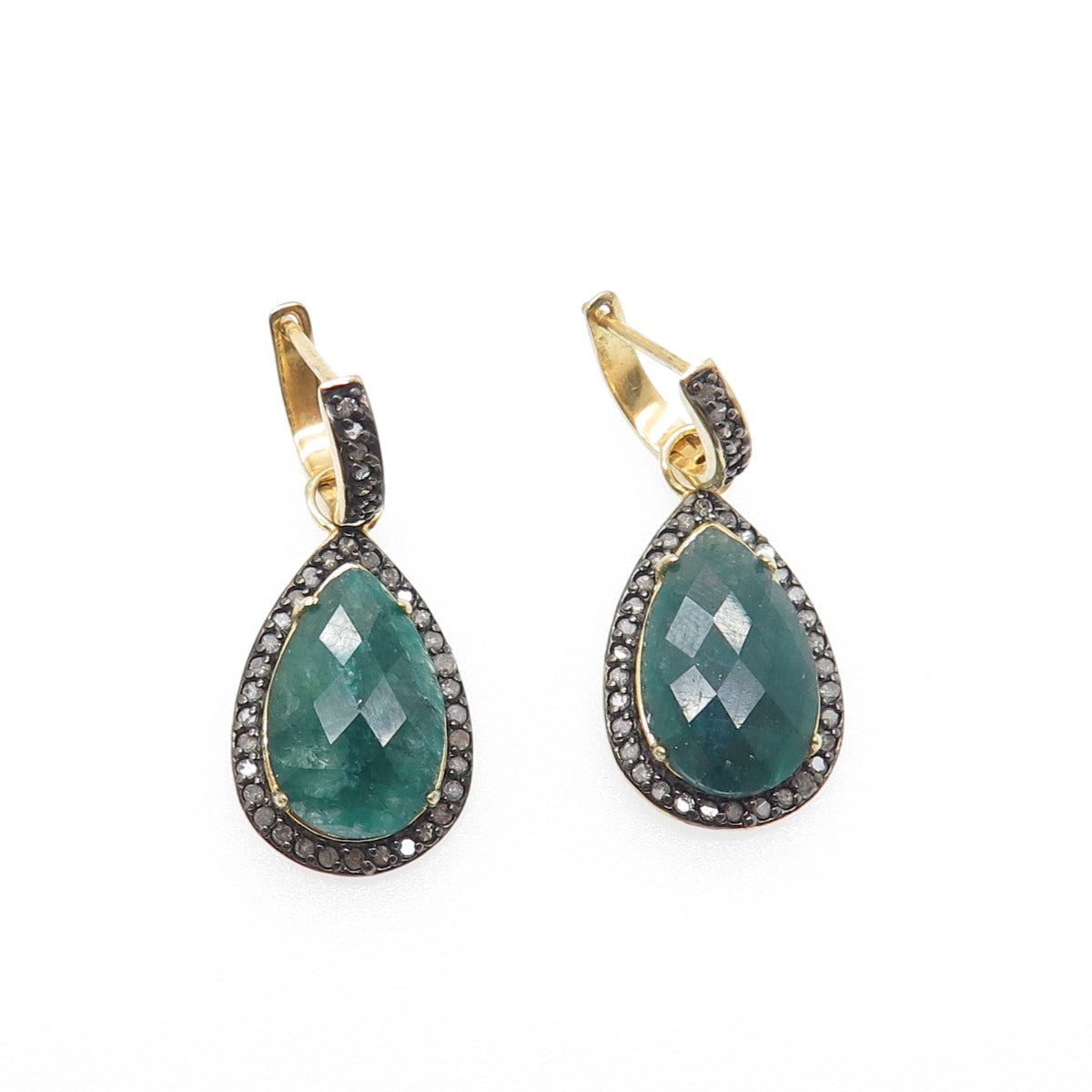 925 Sterling Silver Gold Plated Real Diamond & Emerald Dangle Earrings
