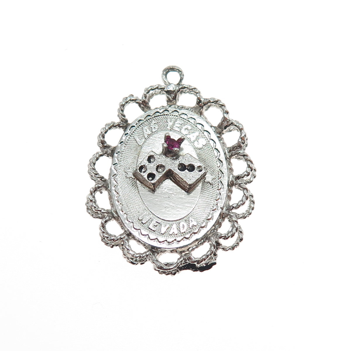 925 Sterling Silver Vintage Pink Rhinestone Las Vegas Nevada Charm Pendant