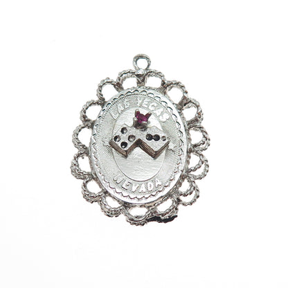925 Sterling Silver Vintage Pink Rhinestone Las Vegas Nevada Charm Pendant