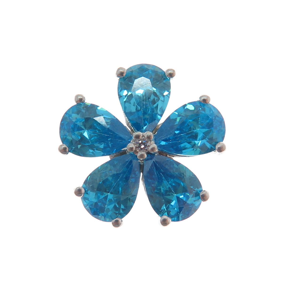 SAMUEL AARON 925 Sterling Silver White & Blue C Z Flower Slide Pendant