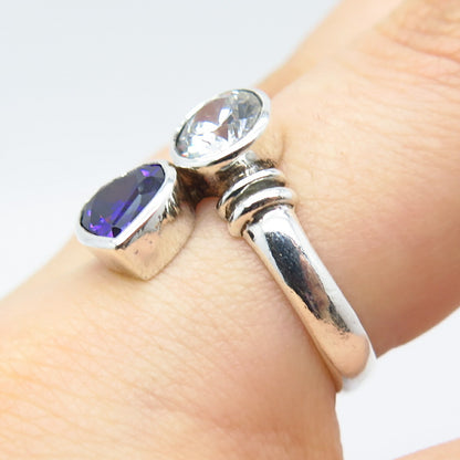 925 Sterling Silver White & Amethyst-Tone C Z Overlap Ring Size 7.5