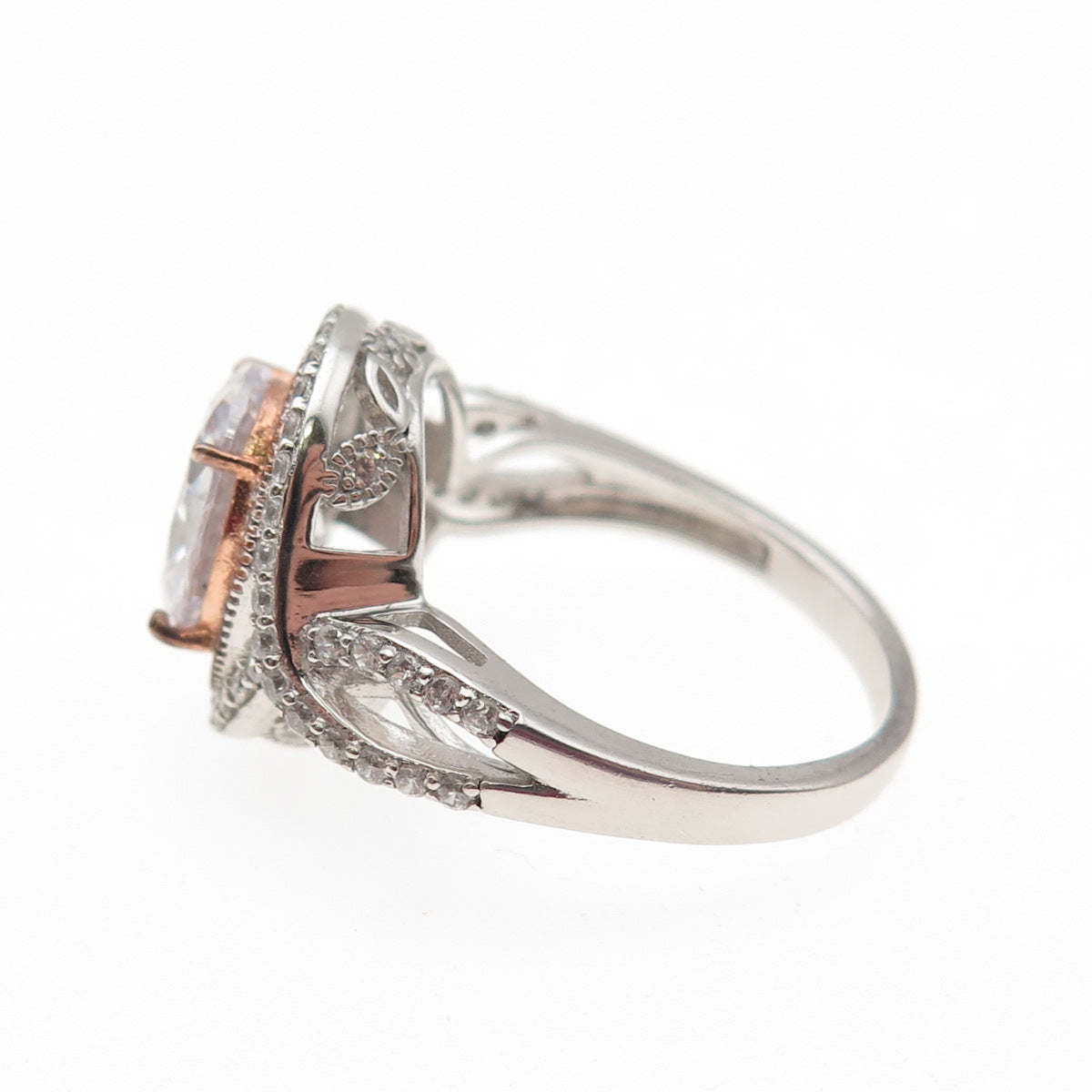 DSMK 925 Sterling Silver 2-Tone Oval & Round-Cut C Z Engagement Ring Size 7.25