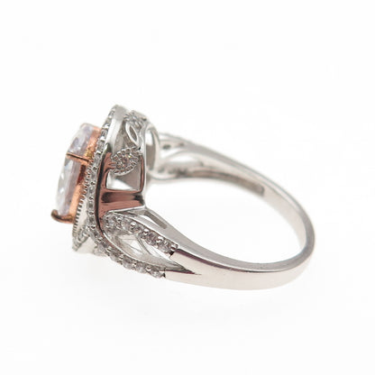 DSMK 925 Sterling Silver 2-Tone Oval & Round-Cut C Z Engagement Ring Size 7.25