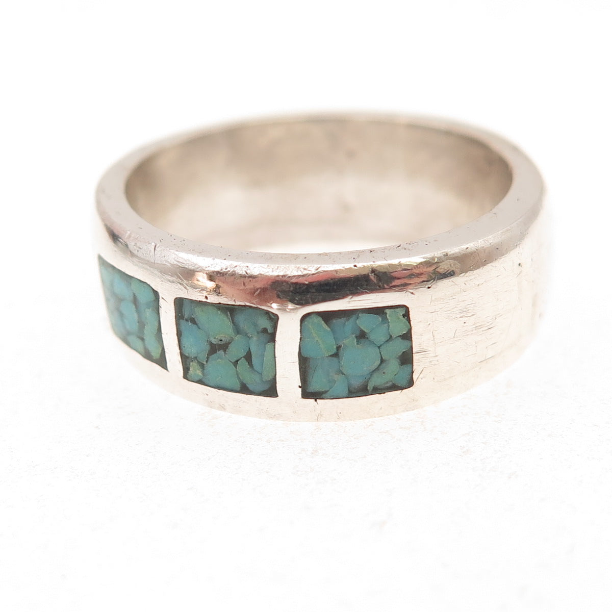 Old Pawn 925 Sterling Silver Vintage Turquoise Inlay Tribal Band Ring Size 9.5