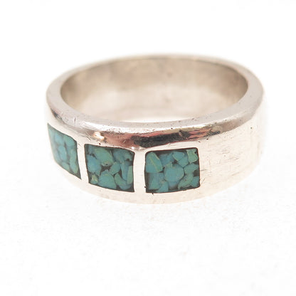 Old Pawn 925 Sterling Silver Vintage Turquoise Inlay Tribal Band Ring Size 9.5