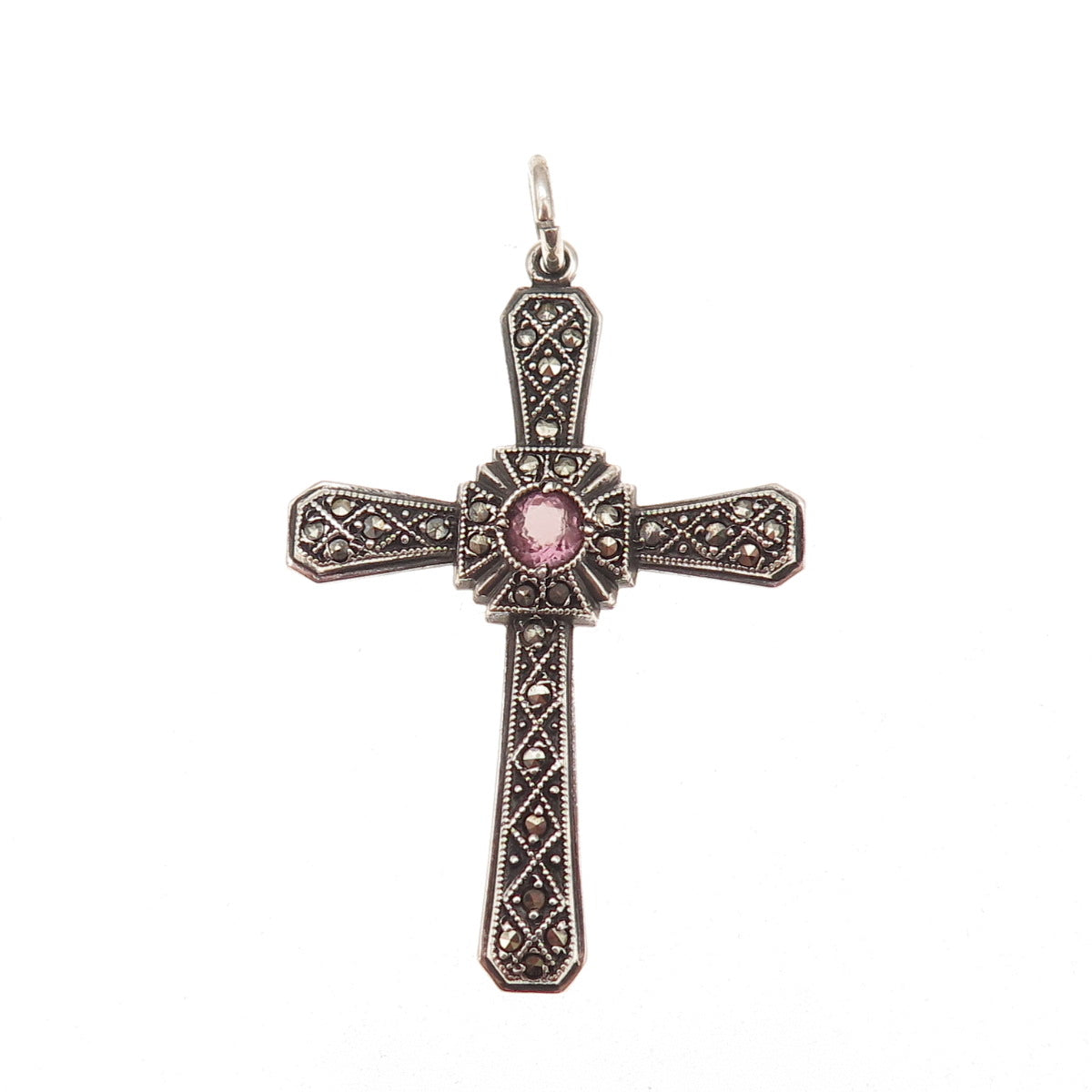 925 Sterling Silver Antique Art Deco Real Amethyst Marcasite Cross Charm Pendant