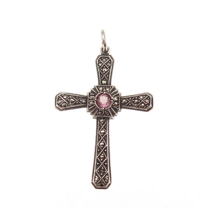 925 Sterling Silver Antique Art Deco Real Amethyst Marcasite Cross Charm Pendant
