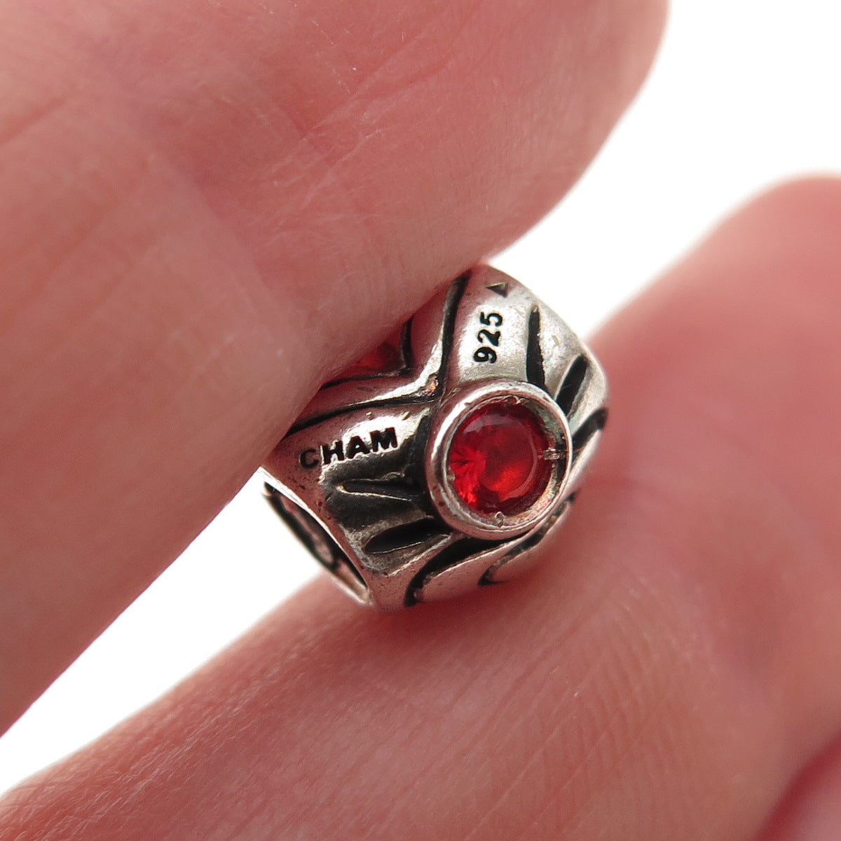 Chamilia 925 Sterling Silver Red C Z January Birthstone Heart Slide Bead Charm