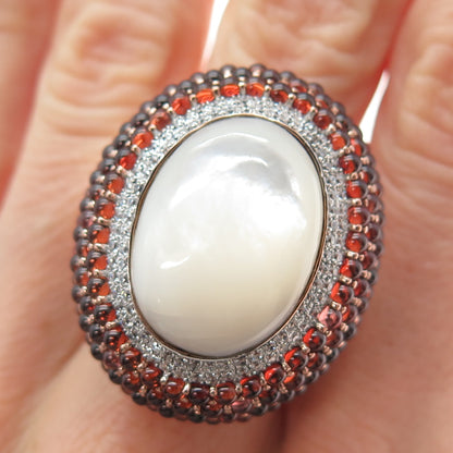 925 Sterling Silver Rose Gold Plated Real MOP Red Garnet & C Z Ring Size 7.25