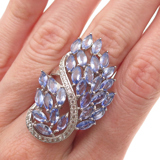 925 Sterling Silver Real Tanzanite & White Topaz Floral Cluster Ring Size 8