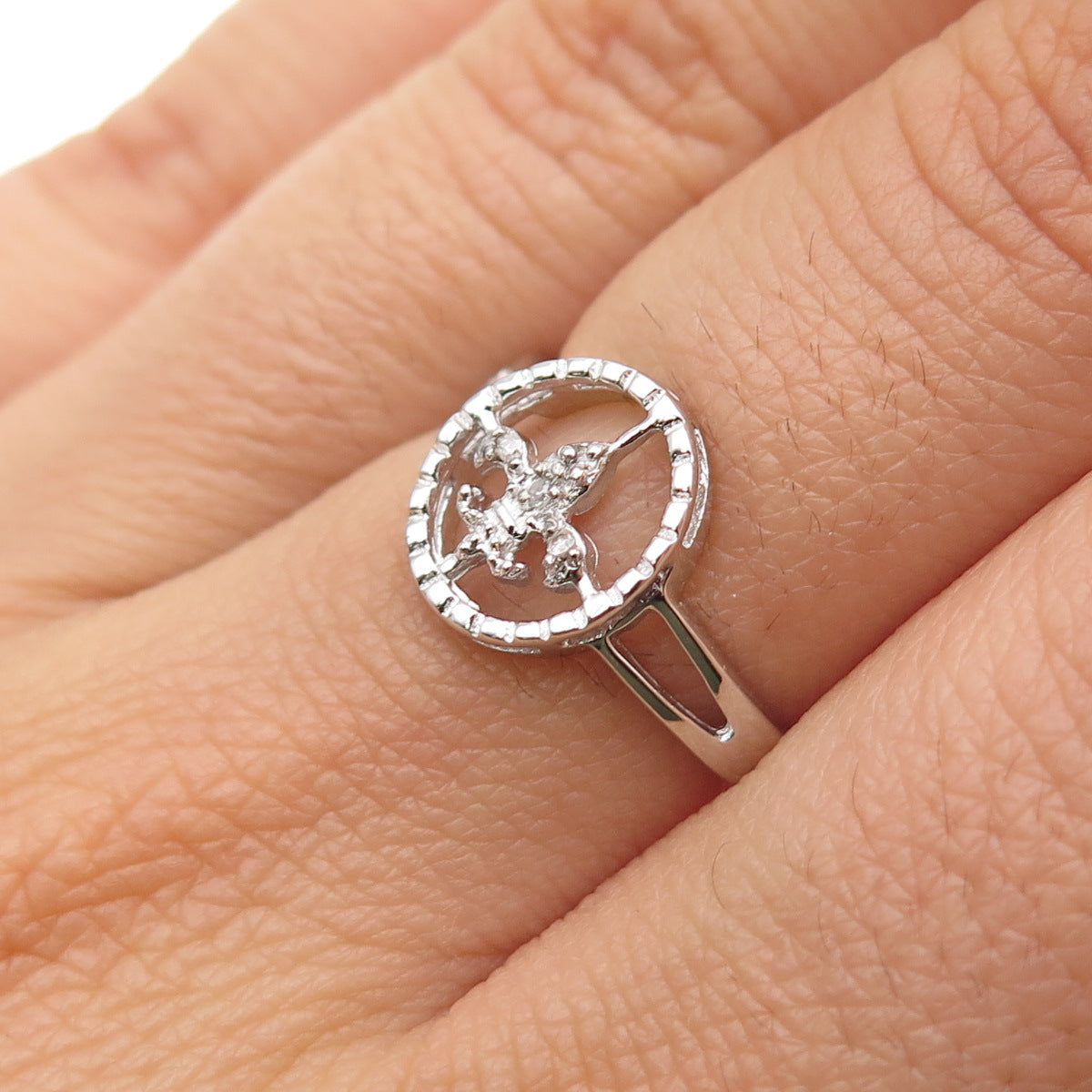 925 Sterling Silver Real Round-Cut Diamond Fleur de Lis Ring Size 6