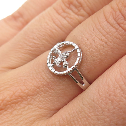 925 Sterling Silver Real Round-Cut Diamond Fleur de Lis Ring Size 6