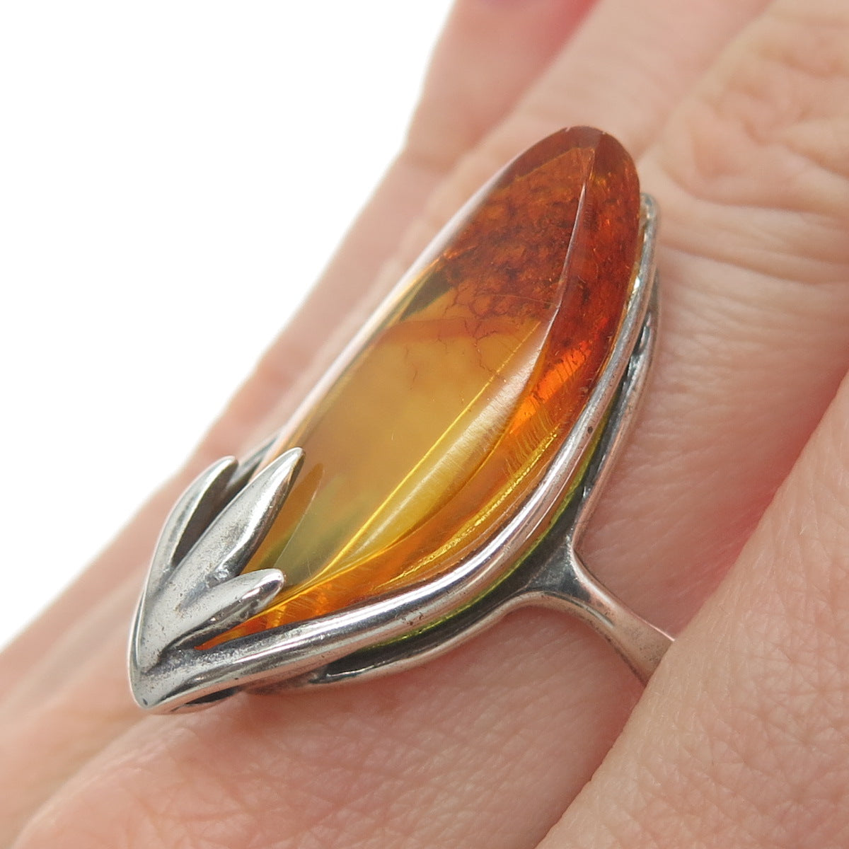 925 Sterling Silver Vintage Real Amber Modernist Adjustable Ring Size 9.75