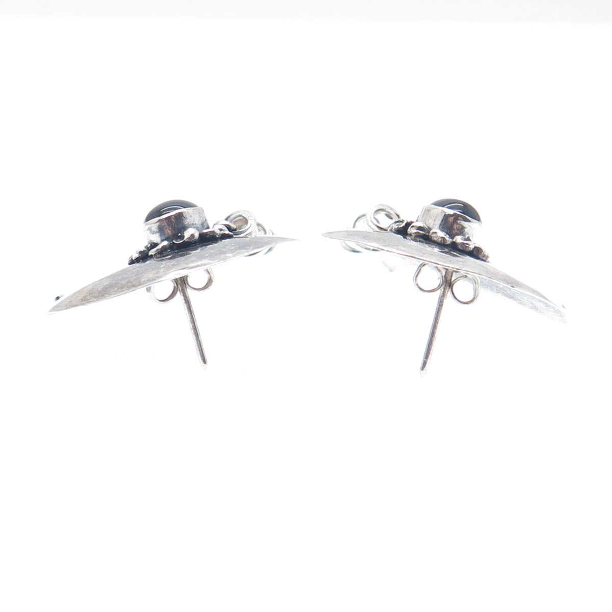 925 Sterling Silver Vintage Real Black Onyx Gemstone Modernist Oxidized Earrings