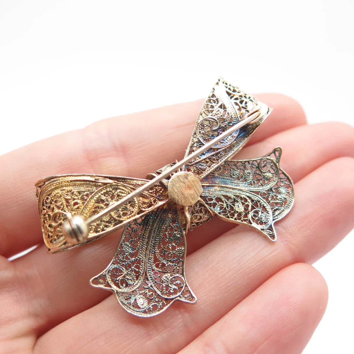 925 Sterling Silver Gold Plated Vintage Enamel Bow Filigree Pin Brooch