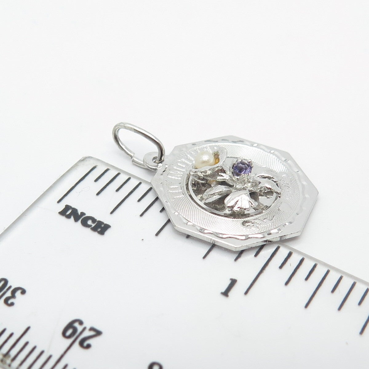 925 Sterling Silver Vintage Real Pearl & Amethyst Gem "To Mother" Floral Pendant