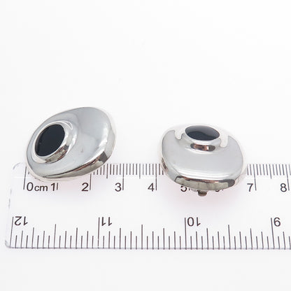 925 Sterling Silver Vintage Mexico Real Black Onyx Modernist Clip On Earrings