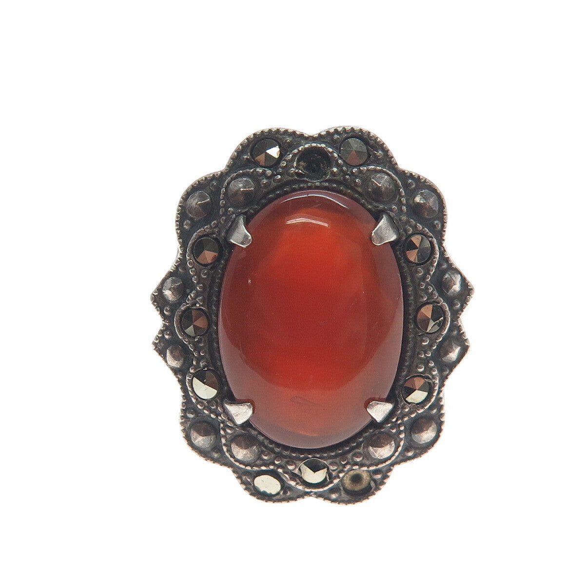 925 Sterling Silver Antique Carnelian Marcasite Ring Size 6.25 (missing 1 stone)