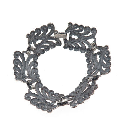Danecraft 925 Sterling Silver Antique Art Deco Floral Panel Link Bracelet 7.75"