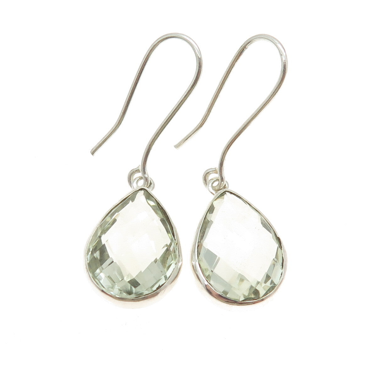 925 Sterling Silver Vintage Real Pear-Cut Green Amethyst Dangling Earrings