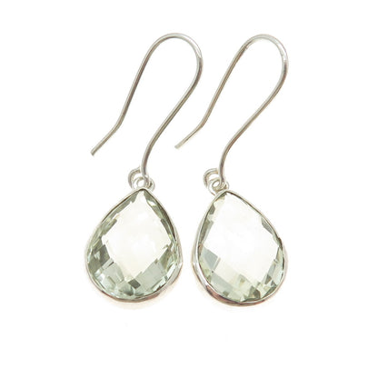 925 Sterling Silver Vintage Real Pear-Cut Green Amethyst Dangling Earrings
