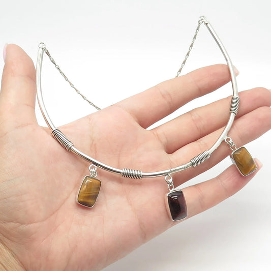 925 Sterling Silver Vintage Real Multi-Color Tiger Eye Gemstone Necklace 14"