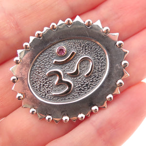 925 Sterling Silver Vintage Real Pink Tourmaline Om Mantra Slide Pendant