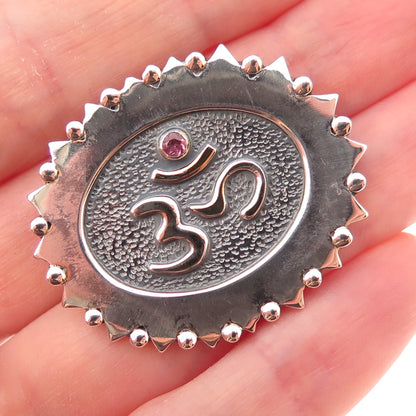 925 Sterling Silver Vintage Real Pink Tourmaline Om Mantra Slide Pendant