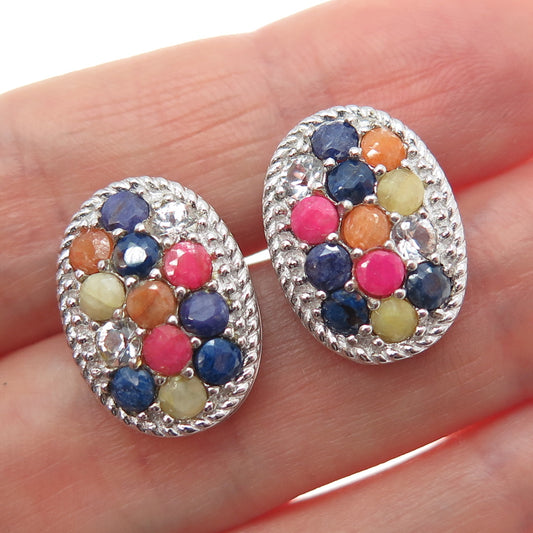 925 Sterling Silver Real Round-Cut Multi-Color Sapphire Earrings
