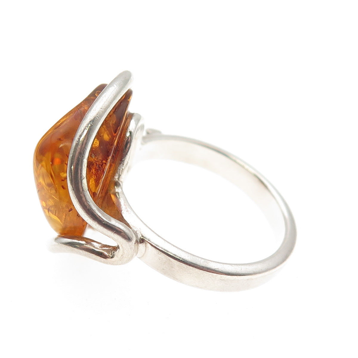 925 Sterling Silver Vintage Real Amber Modernist Ring Size 9.25