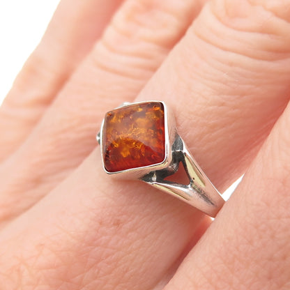 925 Sterling Silver Vintage KW Poland Real Amber Modernist Ring Size 7.75