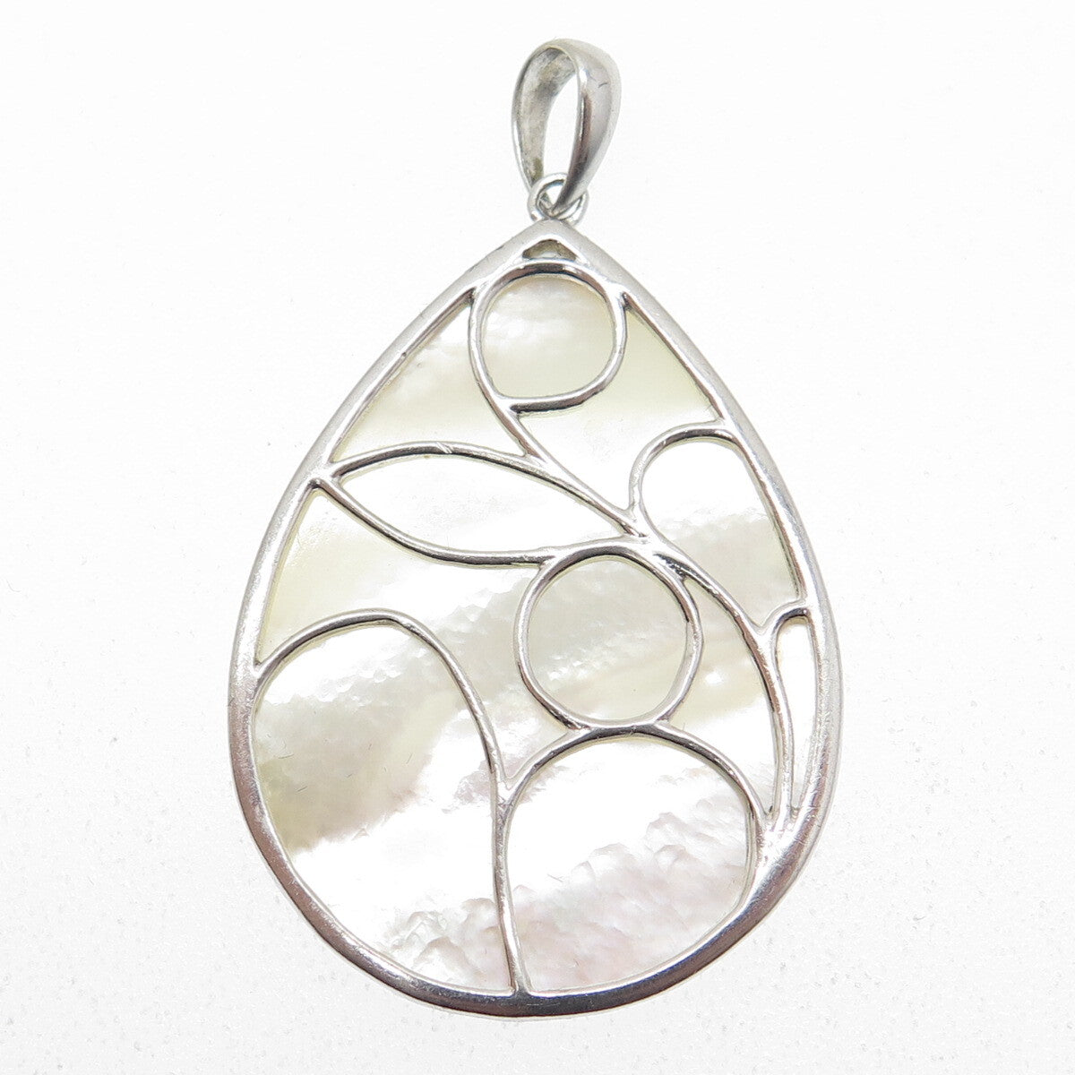 925 Sterling Silver Vintage Real Mother-of-Pearl Ornate Teardrop Pendant