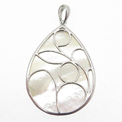925 Sterling Silver Vintage Real Mother-of-Pearl Ornate Teardrop Pendant