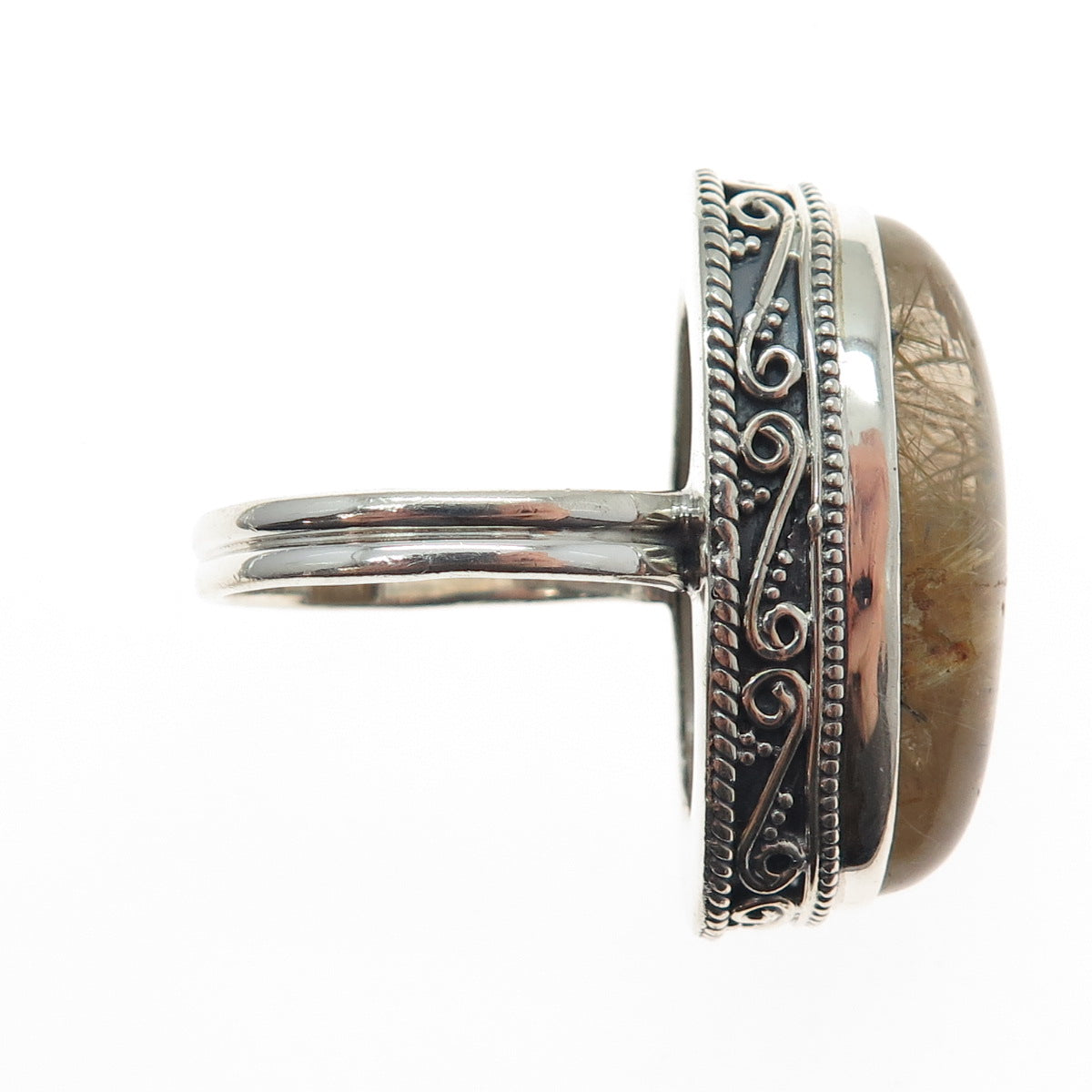 925 Sterling Silver Vintage Real Cabochon Rutilated Quartz Swirl Ring Size 9.5