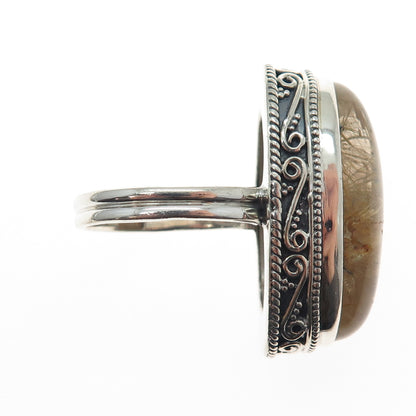 925 Sterling Silver Vintage Real Cabochon Rutilated Quartz Swirl Ring Size 9.5