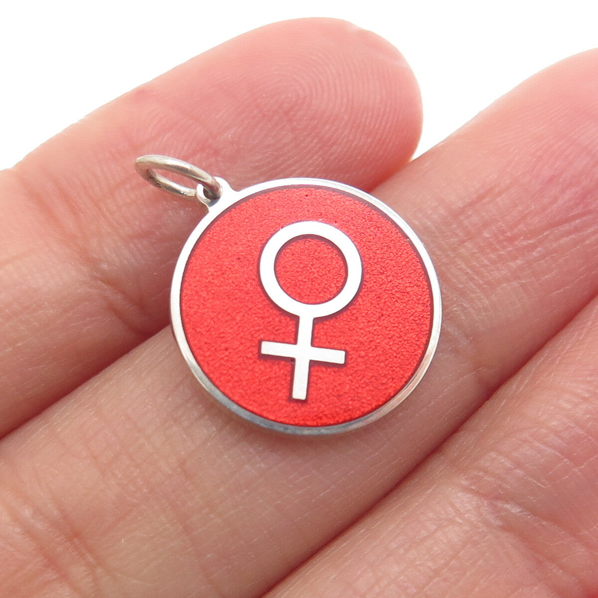 925 Sterling Silver Red Enamel Female Sign Round Tag Minimalist Charm Pendant