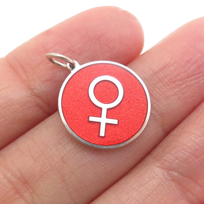 925 Sterling Silver Red Enamel Female Sign Round Tag Minimalist Charm Pendant