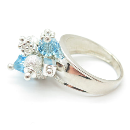 925 Sterling Silver Vintage Blue Glass Bead Charm Ring Size 9