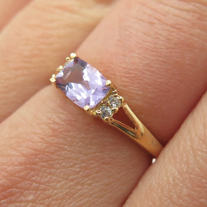 925 Sterling Silver Gold Plated Real Amethyst & C Z Ring Size 7