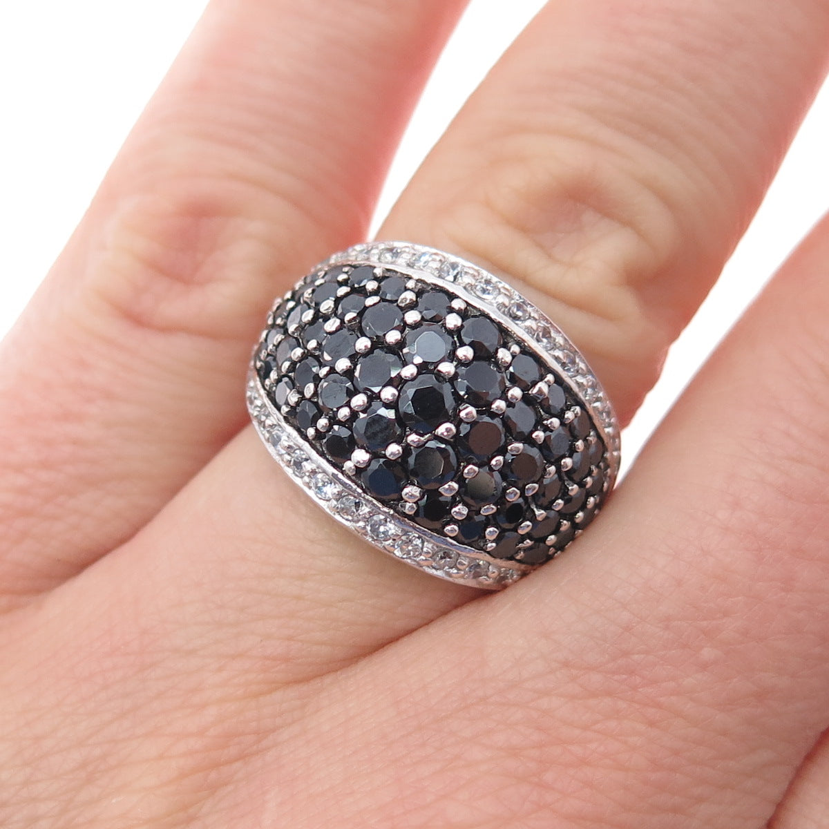 925 Sterling Silver Real Round-Cut Black Spinel & C Z Dome Ring Size 6