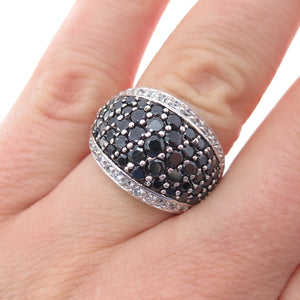 925 Sterling Silver Real Round-Cut Black Spinel & C Z Dome Ring Size 6