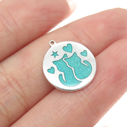 Tokemoti Sterling Silver Turquoise Enamel Cat & Dog Round Tag Minimalist Pendant