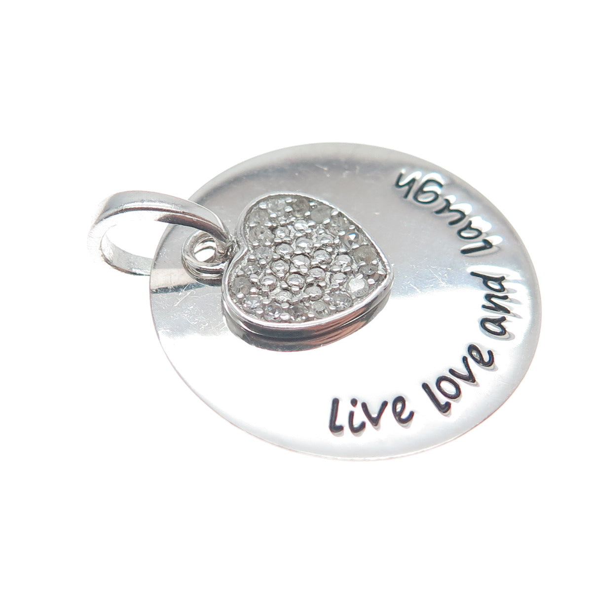 HAN 925 Sterling Silver Real Diamond Live Love And Laugh Heart Tag Pendant