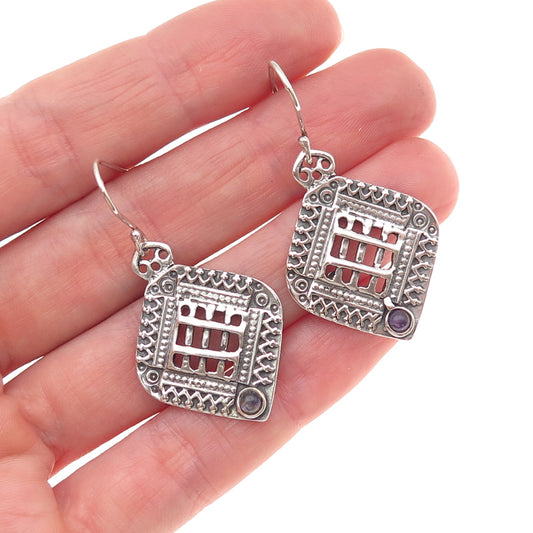 925 Sterling Silver Vintage Real Amethyst Modernist Oxidized Dangle Earrings