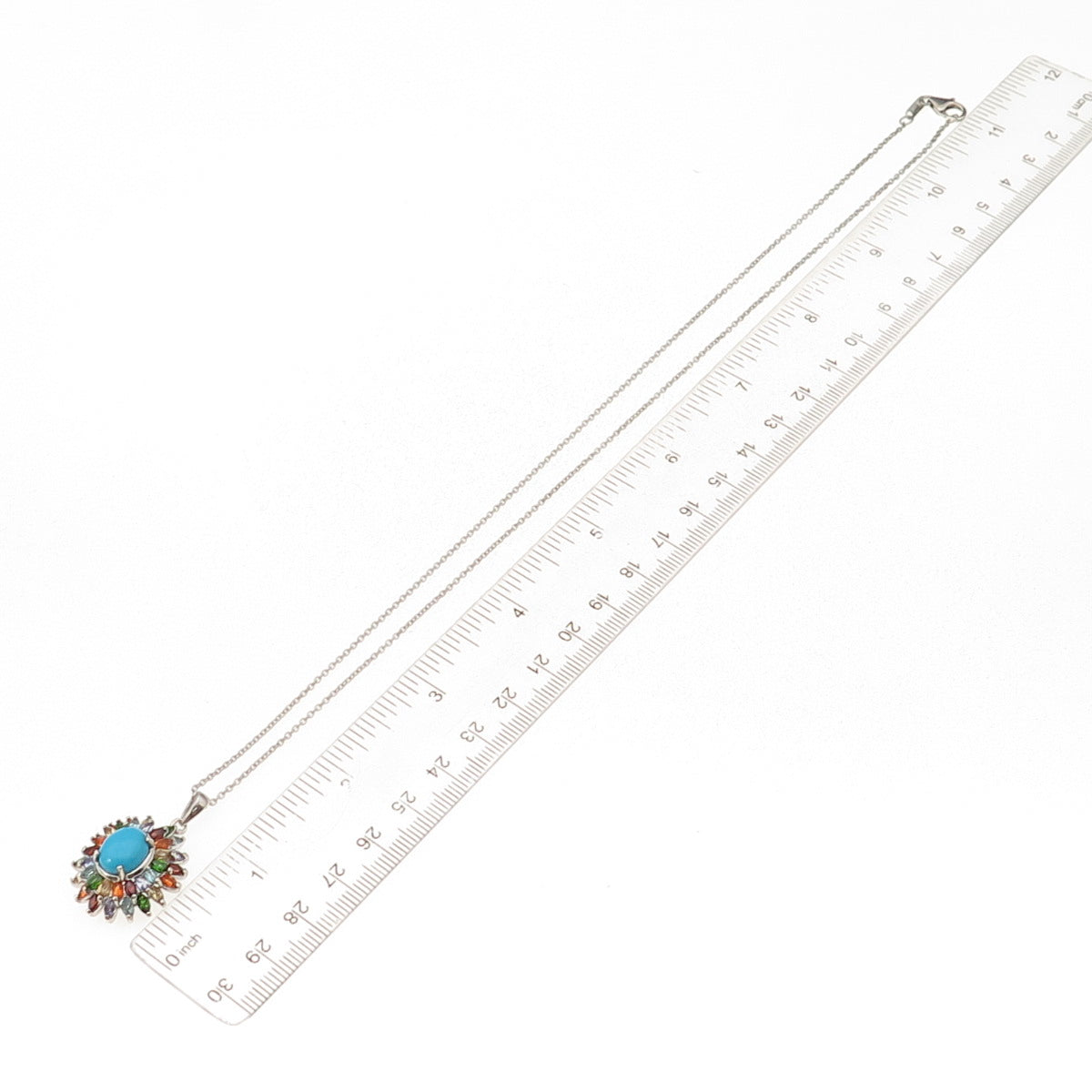 D'Joy 925 Sterling Silver Real Turquoise & Multi-Gem Cable Chain Necklace 20"