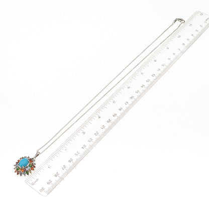 D'Joy 925 Sterling Silver Real Turquoise & Multi-Gem Cable Chain Necklace 20"