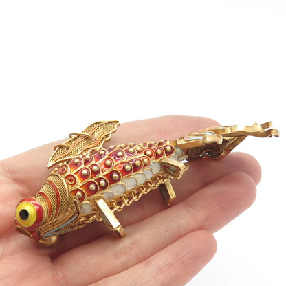 925 Sterling Silver Gold Plated Antique Enamel Chinese Koi Fish Chatelaine Fob