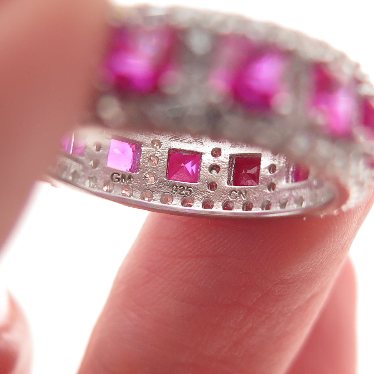 925 Sterling Silver Lab-Created Ruby & C Z Band Ring Size 5.25