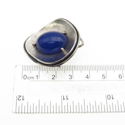 925 Sterling Silver Vintage Real Blue Onyx Modernist Oxidized Pin Brooch Pendant