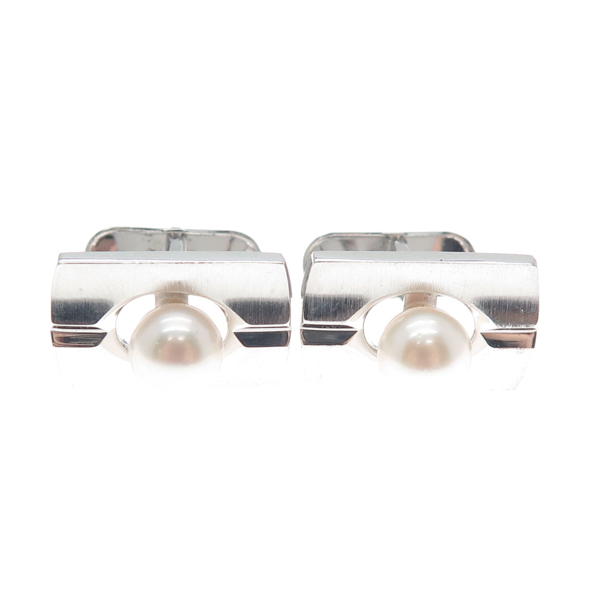 900 Silver Vintage Japan Real Akoya Pearl Modernist Cufflinks